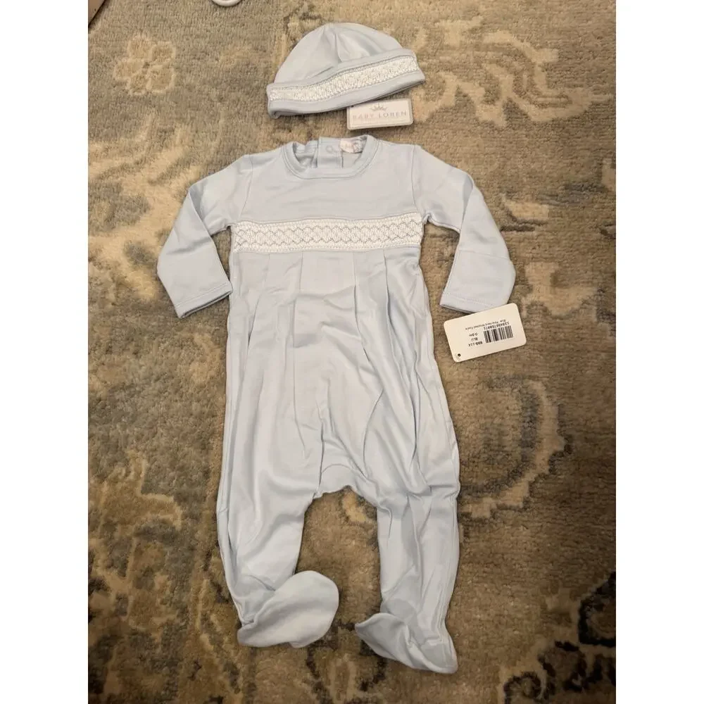 Baby Loren Blue Pima Cotton Smocked Footie & Hat Set 0-3 Months NWT